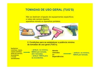 TOMADAS DE USO GERAL (TUG’S)
Não se destinam à ligação de equipamentos específicos
e nelas são sempre ligados:
aparelhos móveis ou aparelhos portáteis.
2. Condições para se estabelecer a potência mínima
de tomadas de uso geral (TUG’s).
banheiros,
cozinhas, copas,
copas-cozinhas,
áreas de serviço,
lavanderias
e locais
semelhantes
- atribuir, no mínimo,
600VA por tomada,
até 3 tomadas.
- atribuir 100VA para
os excedentes.
demais
cômodos
ou
Dependências.
- atribuir, no mínimo,
100VA por tomada.
 