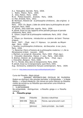 A.-J. Festugière, Socrate, Paris, 1934.
L. Robin, Platon, Paris, 1935.
A. Dies, Platon, Paris, 1930.
M.-D. Piollas-Gosselin, Aristote, Paris, 1928.
Cl. Piat, Aristote, Paris, 1912.
Bl. Romeyer, Histoire de Ia philosophie chrétiennc, des origines à
Descartes,
Paris, 1937. Ch. Boyer, L’idée de vérité dans Ia philosophie de saint
Augustin, Paris, 1920.
R. Jolivet, Dieu soleil des esprits, Paris, 1934.
R. Jolivet, Essai sur les rapports entre pensée grecque et pensée
chrétienne, Paris, 1931.
E. Gilson, L’esprit de Ia philosophie médiévale, Paris, 1932 (Trad.
esp.).
E. Gilson, Le thomisme, introduction au sistème de Saint Thomas
d’Aquin,
Paris, 1927. (Trad. esp.). P. Vignaux, La pensée au Moyen
Age, Paris, 1938.
J. Soulhie, La philosophie chrétienne, de Descartes à nos jours,
Paris, 1934.
* J. Marechal, Précis d’histoire de Ia philosophie moderne, t. I, De Ia
Renaissance à Kant, Louvain, 1933.
J. Maritain, Le songe de Descartes, Paris, 1932 (Trad. esp.).
J. Chevalier, Descartes, Pascal, 2 vols., Paris, 1921-1922.
E. Brehier, Histoire de Ia philosophie, Paris. (Trad. esp.).
J. Chevallier, Bergson, Paris, 1926.
M. T.-L. Penido, Dieu dans le bergsonisme, Paris, 1934.
R. Jolivet, Essai sur le bergsonisjne, Lyon-Paris, 1931.
Aug. Etcheverry, Uidéalisme français contemporain, Paris, 1934.
Colado de <http://www.consciencia.org/cursofilosofiajolivet45.shtml>
Curso de Filosofia - Régis Jolivet
QUADRO HISTÓRICO DAS ESCOLAS DE FILOSOFIA
Podem-se distinguir três grandes períodos: a Antigüidade, — a Idade
Média,.— a Época Moderna. (Os nomes em grifo indicam os filósofos
chefes de escola ou os filósofos que exerceram uma influência
preponderante) .
I. A ANTIGÜIDADE
Na antigüidade, distinguimos: a filosofia grega- e a filosofia
romana.
A. Filosofia grega
Datas Filósofos Escolas e doutrinas
640-546 Tales de
Mileto.
Físicos, que procuram o pri-
1 (Jônicos) meiro princípio (ou maté-
 