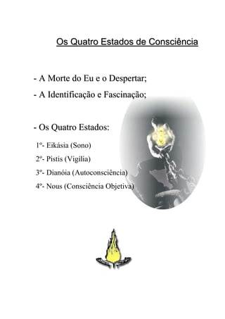 Os Quatro Estados de ConsciênciaOs Quatro Estados de Consciência
1º- Eikásia (Sono)
2º- Pistis (Vigília)
3º- Dianóia (Autoconsciência)
4º- Nous (Consciência Objetiva)
-- A Morte do Eu e o Despertar;A Morte do Eu e o Despertar;
-- A Identificação e Fascinação;A Identificação e Fascinação;
-- Os Quatro Estados:Os Quatro Estados:
 