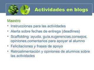 Actividades en blogs Maestro Instrucciones para las actividades Alerta sobre fechas de entrega (deadlines) Scaffolding :ayuda, guía,sugerencias,consejos, opiniones,comentarios para apoyar al alumno Felicitaciones y frases de apoyo Retroalimentación y opiniones de alumnos sobre las actividades 