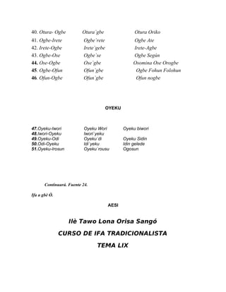 40. Otura- Ogbe           Otura`gbe                  Otura Oriko
41. Ogbe-Irete             Ogbe`rete                Ogbe Ate
42. Irete-Ogbe             Irete`gebe               Irete-Agbe
43. Ogbe-Ose               Ogbe`se                  Ogbe Según
44. Ose-Ogbe               Ose`gbe                  Osomina Ose Orogbe
45. Ogbe-Ofun              Ofun`gbe                  Ogbe Fohun Folohun
46. Ofun-Ogbe              Ofun`gbe                  Ofun nogbe




                                        OYEKU



47.Oyeku-Iwori             Oyeku Wori           Oyeku biwori
48.Iwori-Oyeku             Iwori`yeku
49.Oyeku-Odi               Oyeku`di             Oyeku Sidin
50.Odi-Oyeku               Idi`yeku             Idin gelede
51.Oyeku-Irosun            Oyeku`rousu          Ogosun




       Continuará. Fuente 24.

Ifa a gbè Ò.

                                        AESI


                   Ilè Tawo Lona Orisa Sangó

               CURSO DE IFA TRADICIONALISTA

                                 TEMA LIX
 