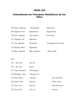 TEMA LXII

  Entendiendo los Principios Metafísicos de los
                     Odus




208. Otura -Ogunda    Oturagunda       Outra Rera

209. Ogunda -Irete   Ogunda'rete       Ogunda Kete

210. Irete -Ogunda   lrete`gunda       Irete Aaya

211. Ogunda- Ose     Ogundase

212. Ose -Ogunda     Ose'gunda         Ise-Eguntan Ose omolu

213 Ogunda -Ofun     Ogunda'fu

214 Ofun –Ogunda     Ofun -Eguntan      Ofun Fonda



OSA

215. Osa -Ika        Osa 'ka

216. Ika- Osa        Ika`sa

217; Osa- Oturupon   Osa'turupon

218;Oturupon –Osa    Oturupon`sa

219. Osa- Otura      Osa'tura                 Osa Ala Wore

220. Otura -Osa      Otura'sa                 Otura- Gasa

221. Osa- Irete      Osa'rete                 Osa Oloyan-an

222, Irete -Osa      Irete `sa                Arotesa
 