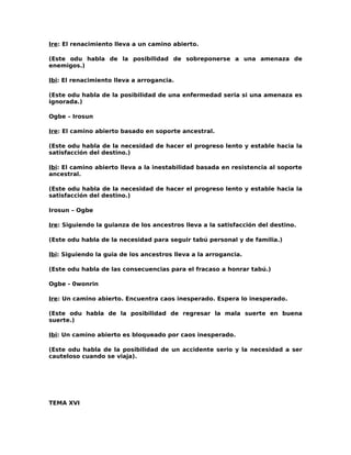 Ire: El renacimiento lleva a un camino abierto.

(Este odu habla de la posibilidad de sobreponerse a una amenaza de
enemigos.)

Ibi: El renacimiento lleva a arrogancia.

(Este odu habla de la posibilidad de una enfermedad seria si una amenaza es
ignorada.)

Ogbe – Irosun

Ire: El camino abierto basado en soporte ancestral.

(Este odu habla de la necesidad de hacer el progreso lento y estable hacia la
satisfacción del destino.)

Ibi: El camino abierto lleva a la inestabilidad basada en resistencia al soporte
ancestral.

(Este odu habla de la necesidad de hacer el progreso lento y estable hacia la
satisfacción del destino.)

Irosun – Ogbe

Ire: Siguiendo la guianza de los ancestros lleva a la satisfacción del destino.

(Este odu habla de la necesidad para seguir tabú personal y de familia.)

lbi: Siguiendo la guia de los ancestros lleva a la arrogancia.

(Este odu habla de las consecuencias para el fracaso a honrar tabú.)

Ogbe - 0wonrin

Ire: Un camino abierto. Encuentra caos inesperado. Espera lo inesperado.

(Este odu habla de la posibilidad de regresar la mala suerte en buena
suerte.)

Ibi: Un camino abierto es bloqueado por caos inesperado.

(Este odu habla de la posibilidad de un accidente serio y la necesidad a ser
cauteloso cuando se viaja).




TEMA XVI
 
