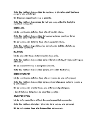 (Este Odu habla de la necesidad de mantener la disciplina espiritual para
asegurar una vida larga)

Ibí: El cambio repentino lleva a la pérdida.

(Este Odu habla de la amenaza de vivir una larga vida si la disciplina
espiritual es negada)

OYEKU - IKA

Iré: La terminación del ciclo lleva a la afirmación misma.

(Este Odu habla de la necesidad de buscaar guianza espiritual de los
ancestros para evitar el conflicto).

Ibí: La terminación del ciclo lleva a la denigración misma.

(Este Odu habla de la posibiidad de perturbación debido a la falta de
protección espiritual).

IKA-OYEKU

Iré: La atracción lleva a la terminación de un ciclo.

(Este Odu habla de la necesidad para evitar el conflicto, el valor positivo para
retirarse.)

Ibí: La atracción lleva a la denigración misma.

(Este Odu habla de la necesidad para la protección de chismes)

OYEKU-OTURUPON

Iré: La terminación del ciclo lleva a la prevención de una enfermedad.

(Este Odu habla de la necesidad para perdonar algo, para evitar la tensión y
la enfermedad)

Ibí: La terminación el ciclo lleva a una enfermedad prolongada.

( Este Odu habla del peligro de acuerdos secretos )

OTURUPON-OYEKU

Iré: La enfermedad lleva al final de una discapacidad recurrente.

(Este Odu habla de disfrutar y diversión de la vida de una persona).

Ibí: La enfermedad lleva a la discapacidad permanente.
 