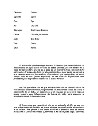 Okanran            Ossosi

Ogunda             Ogun

Osa                Oyá

Ika                Ori, Oro

Oturupon           Onilé nana Buruku

Otura              Obatala , Orunmila

Irete              Ori, Onilé

Ose                Osun

Ofun               Yemo




      El adivinador puede escoger enviar a la persona que necesite hacer un
ofrecimiento al lugar santo de uno de estos Orishas, ya sea dentro de la
casa del adivinador o dentro de la casa de un miembro de la comunidad del
adivinador. El propósito de llevar el ofrecimiento al lugar santo es para da a
a la persona que esta haciendo el ofrecimiento, una oportunidad de pasar
tiempo con él ase (poder espiritual) de las Fuerzas Espirituales más
probables para soportar el viaje hacia la buena fortuna.



      Un Odu que viene con iré que esta tratando con las circunstancias de
vida alterada potencialmente y significante, i.e. Problemas serios de salud, el
nacimiento de un bebe, un casamiento y él empiezo de un nuevo negocio
puede requerir ebo (ofrecimiento de fuerza de vida) para asegurar la
manifestación de la buena fortuna.



      Si la persona que necesita el ebo es un adorador de Ifa, ya sea con
una o dos manos de las ikin, iré puede siempre ser confirmado, alimentando
a un pichón, una gallina y una cabra al Ifa de la persona. Esto es hecho,
marcando el Odu en la bandea y poniendo a Ifa en un plato largo. Este Odu
 