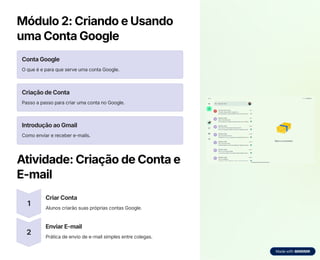 Módulo 2: Criando e Usando
uma Conta Google
Conta Google
O que é e para que serve uma conta Google.
Criação de Conta
Passo a passo para criar uma conta no Google.
Introdução ao Gmail
Como enviar e receber e-mails.
Atividade: Criação de Conta e
E-mail
1
Criar Conta
Alunos criarão suas próprias contas Google.
2
Enviar E-mail
Prática de envio de e-mail simples entre colegas.
 