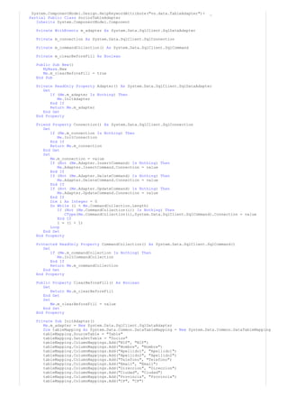 System.ComponentModel.Design.HelpKeywordAttribute("vs.data.TableAdapter")> _
Partial Public Class SociosTableAdapter
Inherits System.ComponentModel.Component
Private WithEvents m_adapter As System.Data.SqlClient.SqlDataAdapter
Private m_connection As System.Data.SqlClient.SqlConnection
Private m_commandCollection() As System.Data.SqlClient.SqlCommand
Private m_clearBeforeFill As Boolean
Public Sub New()
MyBase.New
Me.m_clearBeforeFill = true
End Sub
Private ReadOnly Property Adapter() As System.Data.SqlClient.SqlDataAdapter
Get
If (Me.m_adapter Is Nothing) Then
Me.InitAdapter
End If
Return Me.m_adapter
End Get
End Property
Friend Property Connection() As System.Data.SqlClient.SqlConnection
Get
If (Me.m_connection Is Nothing) Then
Me.InitConnection
End If
Return Me.m_connection
End Get
Set
Me.m_connection = value
If (Not (Me.Adapter.InsertCommand) Is Nothing) Then
Me.Adapter.InsertCommand.Connection = value
End If
If (Not (Me.Adapter.DeleteCommand) Is Nothing) Then
Me.Adapter.DeleteCommand.Connection = value
End If
If (Not (Me.Adapter.UpdateCommand) Is Nothing) Then
Me.Adapter.UpdateCommand.Connection = value
End If
Dim i As Integer = 0
Do While (i < Me.CommandCollection.Length)
If (Not (Me.CommandCollection(i)) Is Nothing) Then
CType(Me.CommandCollection(i),System.Data.SqlClient.SqlCommand).Connection = value
End If
i = (i + 1)
Loop
End Set
End Property
Protected ReadOnly Property CommandCollection() As System.Data.SqlClient.SqlCommand()
Get
If (Me.m_commandCollection Is Nothing) Then
Me.InitCommandCollection
End If
Return Me.m_commandCollection
End Get
End Property
Public Property ClearBeforeFill() As Boolean
Get
Return Me.m_clearBeforeFill
End Get
Set
Me.m_clearBeforeFill = value
End Set
End Property
Private Sub InitAdapter()
Me.m_adapter = New System.Data.SqlClient.SqlDataAdapter
Dim tableMapping As System.Data.Common.DataTableMapping = New System.Data.Common.DataTableMapping
tableMapping.SourceTable = "Table"
tableMapping.DataSetTable = "Socios"
tableMapping.ColumnMappings.Add("NIF", "NIF")
tableMapping.ColumnMappings.Add("Nombre", "Nombre")
tableMapping.ColumnMappings.Add("Apellido1", "Apellido1")
tableMapping.ColumnMappings.Add("Apellido2", "Apellido2")
tableMapping.ColumnMappings.Add("Telefono", "Telefono")
tableMapping.ColumnMappings.Add("Email", "Email")
tableMapping.ColumnMappings.Add("Direccion", "Direccion")
tableMapping.ColumnMappings.Add("Ciudad", "Ciudad")
tableMapping.ColumnMappings.Add("Provincia", "Provincia")
tableMapping.ColumnMappings.Add("CP", "CP")
 