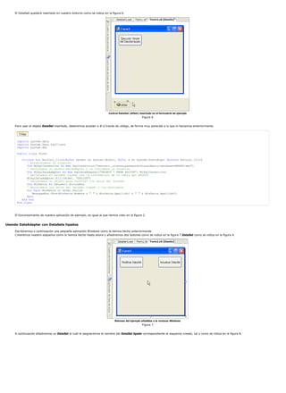 El DataSet quedará insertado en nuestro entorno como se indica en la figura 6.
Control DataSet (dtSet) insertado en el formulario de ejemplo
Figura 6
Para usar el objeto DataSet insertado, deberemos acceder a él a través de código, de forma muy parecida a lo que lo hacíamos anteriormente.
Imports system.data
Imports System.Data.SqlClient
Imports System.Xml
Public Class Form1
Private Sub Button1_Click(ByVal sender As System.Object, ByVal e As System.EventArgs) Handles Button1.Click
' Establecemos la conexión
Dim MiSqlConnection As New SqlConnection("server=.;uid=sa;password=VisualBasic;database=MSDNVideo")
' Declaramos un objeto DataAdapter y le indicamos la conexión
Dim MiSqlDataAdapter As New SqlDataAdapter("SELECT * FROM SOCIOS", MiSqlConnection)
' Rellenamos el DataSet tipado con la información de la tabla del SELECT
MiSqlDataAdapter.Fill(dtSet, "SOCIOS")
' Declaramos un objeto para recorrer los datos del DataSet
Dim MisDatos As DataSet1.SociosRow
' Recorremos los datos del DataSet tipado y los mostramos
For Each MisDatos In dtSet.Socios
MessageBox.Show(MisDatos.Nombre & " " & MisDatos.Apellido1 & " " & MisDatos.Apellido2)
Next
End Sub
End Class
El funcionamiento de nuestra aplicación de ejemplo, es igual al que hemos visto en la figura 2.
Usando DataAdapter con DataSets tipados
Escribiremos a continuación una pequeña aplicación Windows como la hemos hecho anteriormente.
Crearemos nuestro esquema como lo hemos hecho hasta ahora y añadiremos dos botones como se indica en la figura 7.DataSet como se indica en la figura 4.
Botones del ejemplo añadidos a la ventana Windows
Figura 7
A continuación añadiremos un DataSet al cuál le asignaremos el nombre del DataSet tipado correspondiente al esquema creado, tal y como se indica en la figura 8.
 