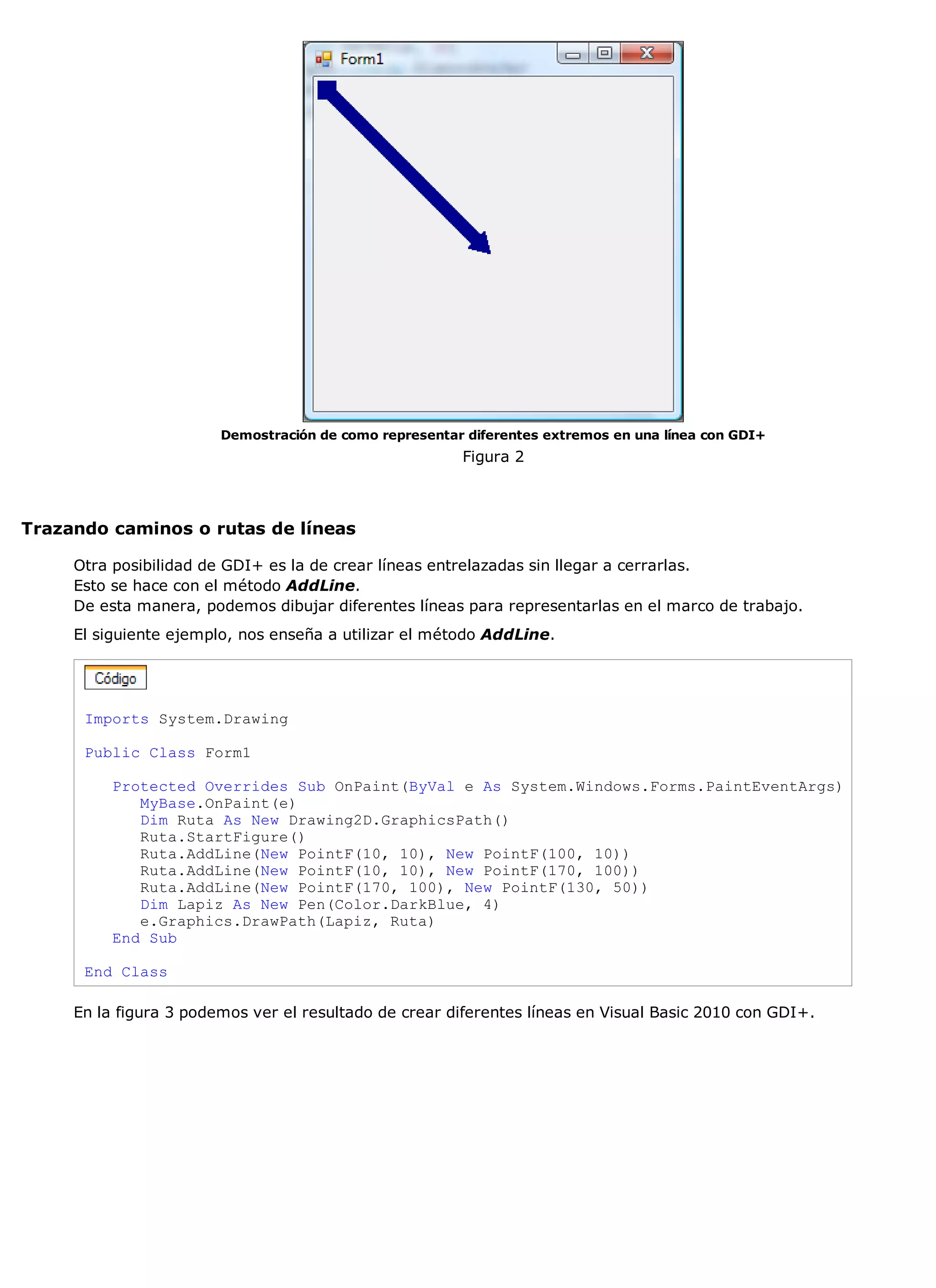 Demostración de como representar diferentes extremos en una línea con GDI+
                                                        Figura 2



Trazando caminos o rutas de líneas

     Otra posibilidad de GDI+ es la de crear líneas entrelazadas sin llegar a cerrarlas.
     Esto se hace con el método AddLine.
     De esta manera, podemos dibujar diferentes líneas para representarlas en el marco de trabajo.
     El siguiente ejemplo, nos enseña a utilizar el método AddLine.




      Imports System.Drawing

      Public Class Form1

          Protected Overrides Sub OnPaint(ByVal e As System.Windows.Forms.PaintEventArgs)
             MyBase.OnPaint(e)
             Dim Ruta As New Drawing2D.GraphicsPath()
             Ruta.StartFigure()
             Ruta.AddLine(New PointF(10, 10), New PointF(100, 10))
             Ruta.AddLine(New PointF(10, 10), New PointF(170, 100))
             Ruta.AddLine(New PointF(170, 100), New PointF(130, 50))
             Dim Lapiz As New Pen(Color.DarkBlue, 4)
             e.Graphics.DrawPath(Lapiz, Ruta)
          End Sub

      End Class

     En la figura 3 podemos ver el resultado de crear diferentes líneas en Visual Basic 2010 con GDI+.
 