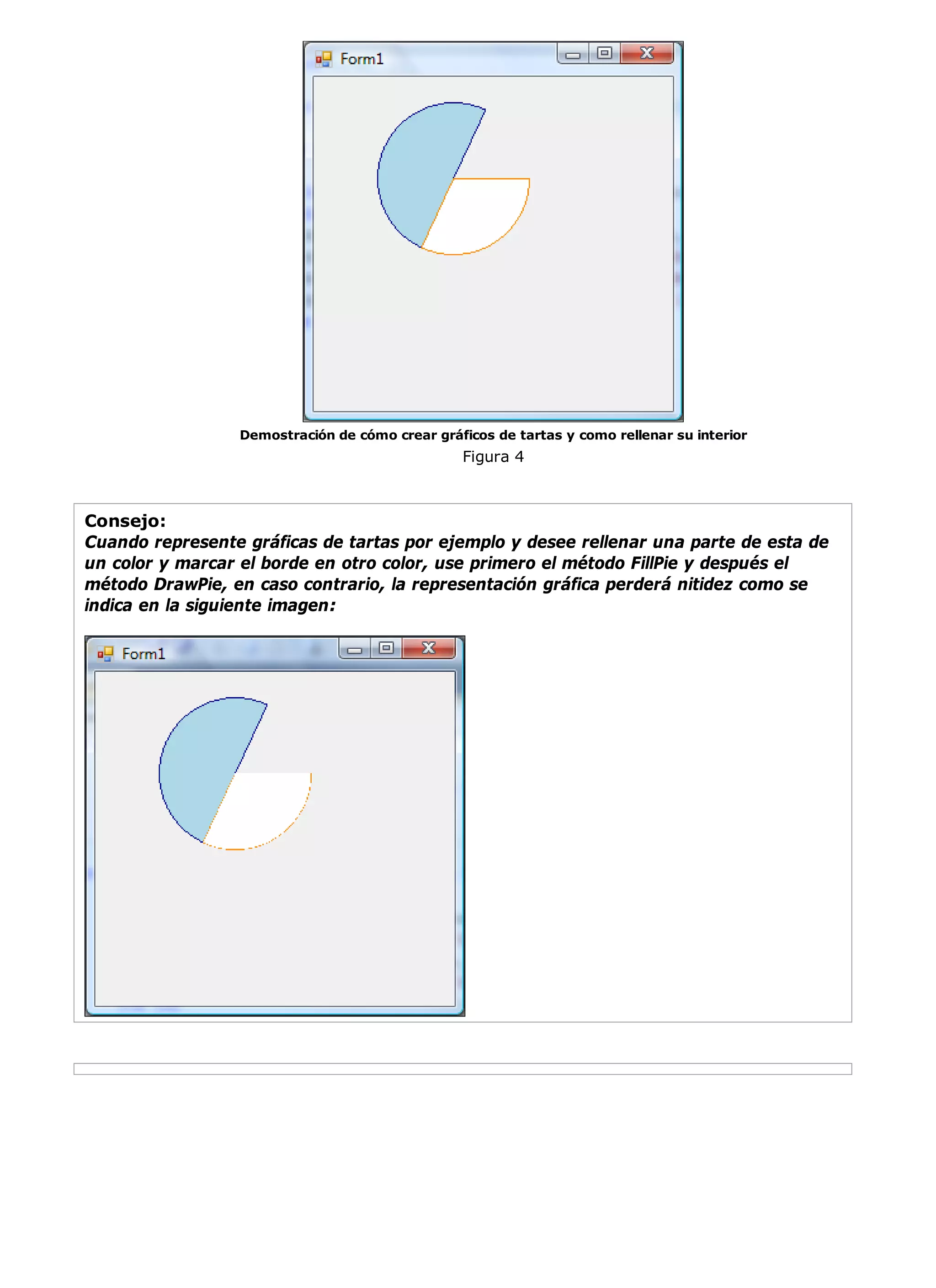 Demostración de cómo crear gráficos de tartas y como rellenar su interior
                                                 Figura 4



Consejo:
Cuando represente gráficas de tartas por ejemplo y desee rellenar una parte de esta de
un color y marcar el borde en otro color, use primero el método FillPie y después el
método DrawPie, en caso contrario, la representación gráfica perderá nitidez como se
indica en la siguiente imagen:
 
