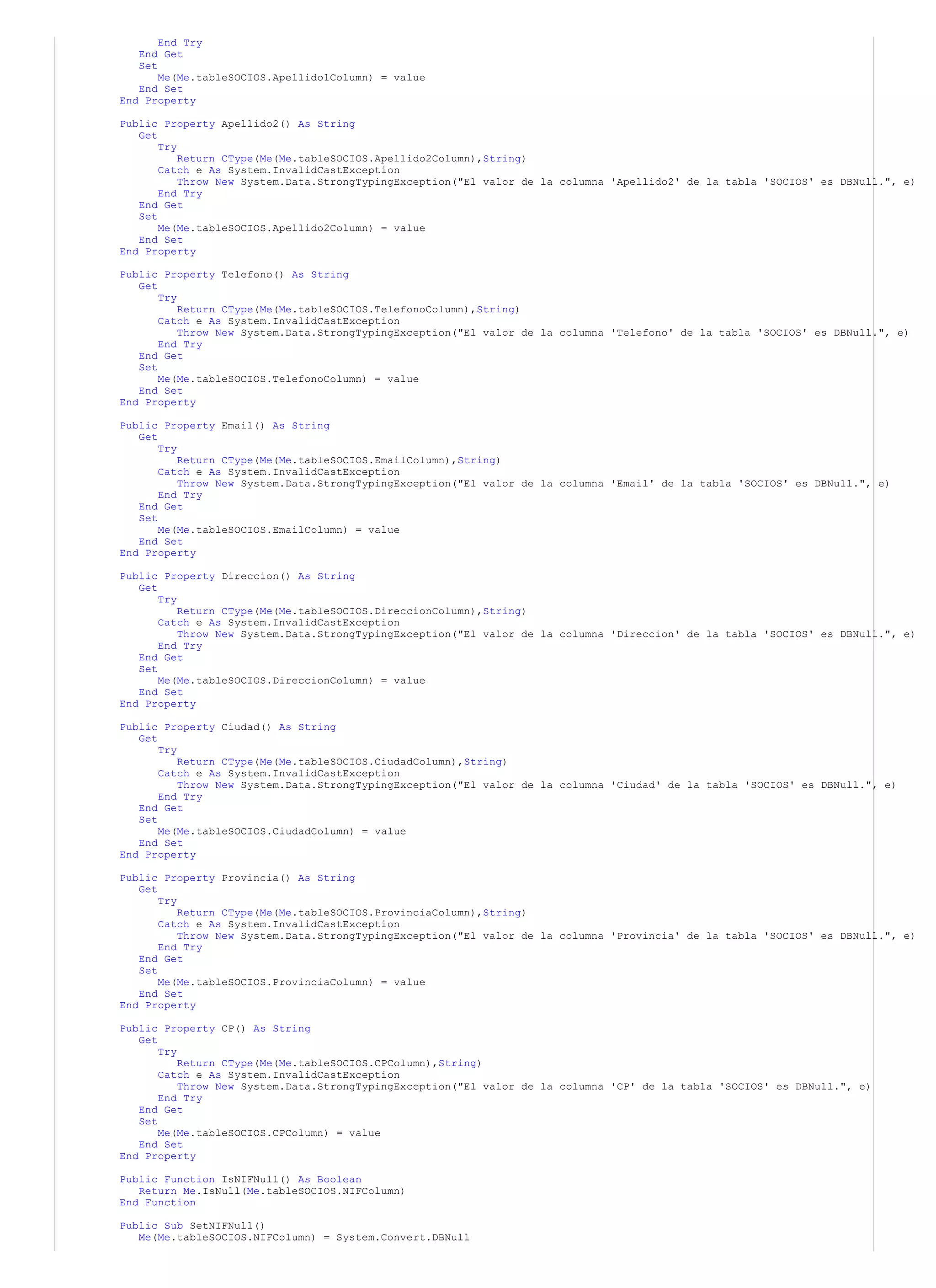End Try
   End Get
   Set
       Me(Me.tableSOCIOS.Apellido1Column) = value
   End Set
End Property

Public Property Apellido2() As String
   Get
       Try
           Return CType(Me(Me.tableSOCIOS.Apellido2Column),String)
       Catch e As System.InvalidCastException
           Throw New System.Data.StrongTypingException("El valor de la columna 'Apellido2' de la tabla 'SOCIOS' es DBNull.", e)
       End Try
   End Get
   Set
       Me(Me.tableSOCIOS.Apellido2Column) = value
   End Set
End Property

Public Property Telefono() As String
   Get
       Try
           Return CType(Me(Me.tableSOCIOS.TelefonoColumn),String)
       Catch e As System.InvalidCastException
           Throw New System.Data.StrongTypingException("El valor de la columna 'Telefono' de la tabla 'SOCIOS' es DBNull.", e)
       End Try
   End Get
   Set
       Me(Me.tableSOCIOS.TelefonoColumn) = value
   End Set
End Property

Public Property Email() As String
   Get
       Try
           Return CType(Me(Me.tableSOCIOS.EmailColumn),String)
       Catch e As System.InvalidCastException
           Throw New System.Data.StrongTypingException("El valor de la columna 'Email' de la tabla 'SOCIOS' es DBNull.", e)
       End Try
   End Get
   Set
       Me(Me.tableSOCIOS.EmailColumn) = value
   End Set
End Property

Public Property Direccion() As String
   Get
       Try
           Return CType(Me(Me.tableSOCIOS.DireccionColumn),String)
       Catch e As System.InvalidCastException
           Throw New System.Data.StrongTypingException("El valor de la columna 'Direccion' de la tabla 'SOCIOS' es DBNull.", e)
       End Try
   End Get
   Set
       Me(Me.tableSOCIOS.DireccionColumn) = value
   End Set
End Property

Public Property Ciudad() As String
   Get
       Try
           Return CType(Me(Me.tableSOCIOS.CiudadColumn),String)
       Catch e As System.InvalidCastException
           Throw New System.Data.StrongTypingException("El valor de la columna 'Ciudad' de la tabla 'SOCIOS' es DBNull.", e)
       End Try
   End Get
   Set
       Me(Me.tableSOCIOS.CiudadColumn) = value
   End Set
End Property

Public Property Provincia() As String
   Get
       Try
           Return CType(Me(Me.tableSOCIOS.ProvinciaColumn),String)
       Catch e As System.InvalidCastException
           Throw New System.Data.StrongTypingException("El valor de la columna 'Provincia' de la tabla 'SOCIOS' es DBNull.", e)
       End Try
   End Get
   Set
       Me(Me.tableSOCIOS.ProvinciaColumn) = value
   End Set
End Property

Public Property CP() As String
   Get
       Try
           Return CType(Me(Me.tableSOCIOS.CPColumn),String)
       Catch e As System.InvalidCastException
           Throw New System.Data.StrongTypingException("El valor de la columna 'CP' de la tabla 'SOCIOS' es DBNull.", e)
       End Try
   End Get
   Set
       Me(Me.tableSOCIOS.CPColumn) = value
   End Set
End Property

Public Function IsNIFNull() As Boolean
   Return Me.IsNull(Me.tableSOCIOS.NIFColumn)
End Function

Public Sub SetNIFNull()
   Me(Me.tableSOCIOS.NIFColumn) = System.Convert.DBNull
 