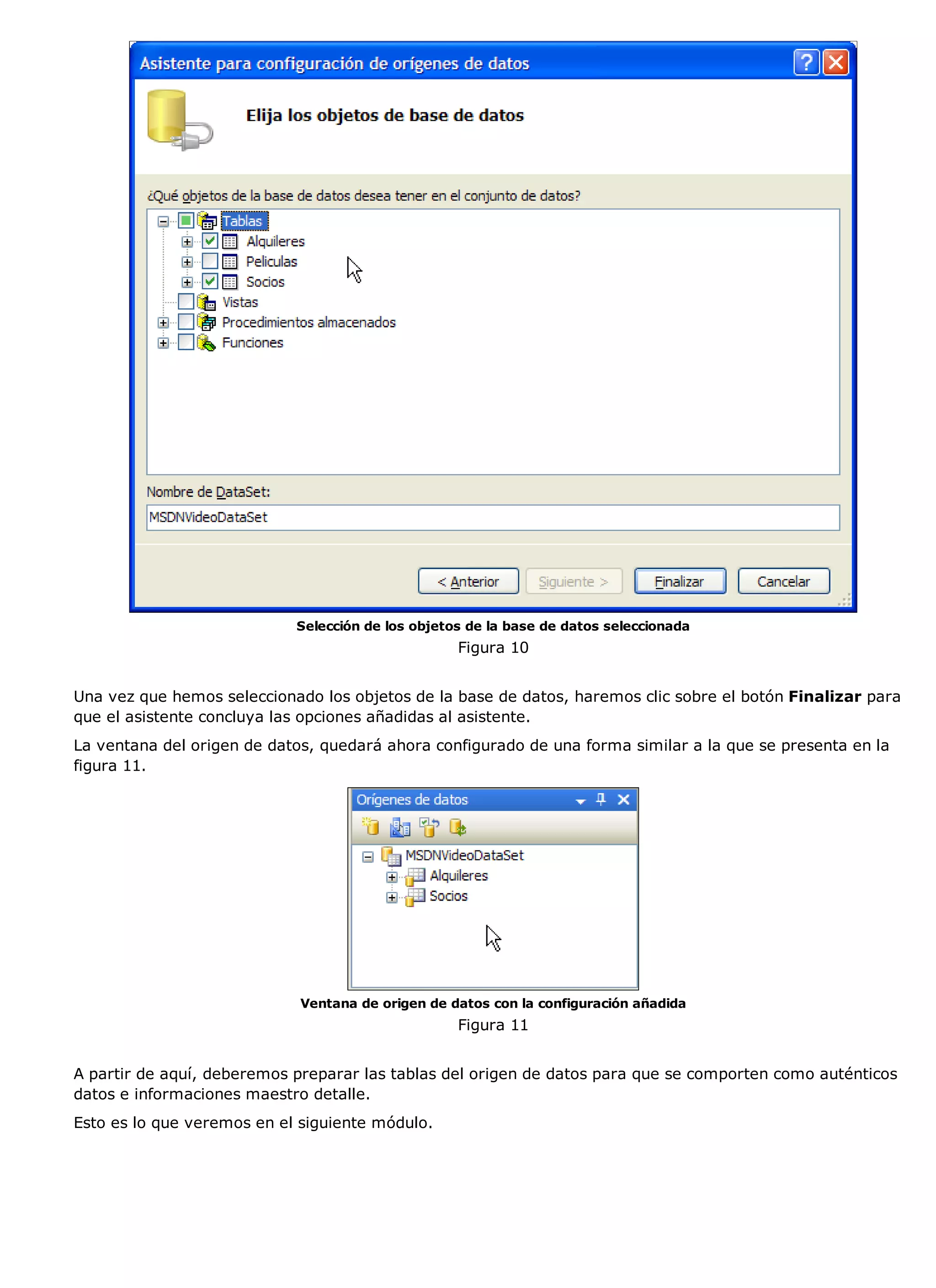 Selección de los objetos de la base de datos seleccionada
                                                   Figura 10


Una vez que hemos seleccionado los objetos de la base de datos, haremos clic sobre el botón Finalizar para
que el asistente concluya las opciones añadidas al asistente.
La ventana del origen de datos, quedará ahora configurado de una forma similar a la que se presenta en la
figura 11.




                             Ventana de origen de datos con la configuración añadida
                                                   Figura 11


A partir de aquí, deberemos preparar las tablas del origen de datos para que se comporten como auténticos
datos e informaciones maestro detalle.
Esto es lo que veremos en el siguiente módulo.
 