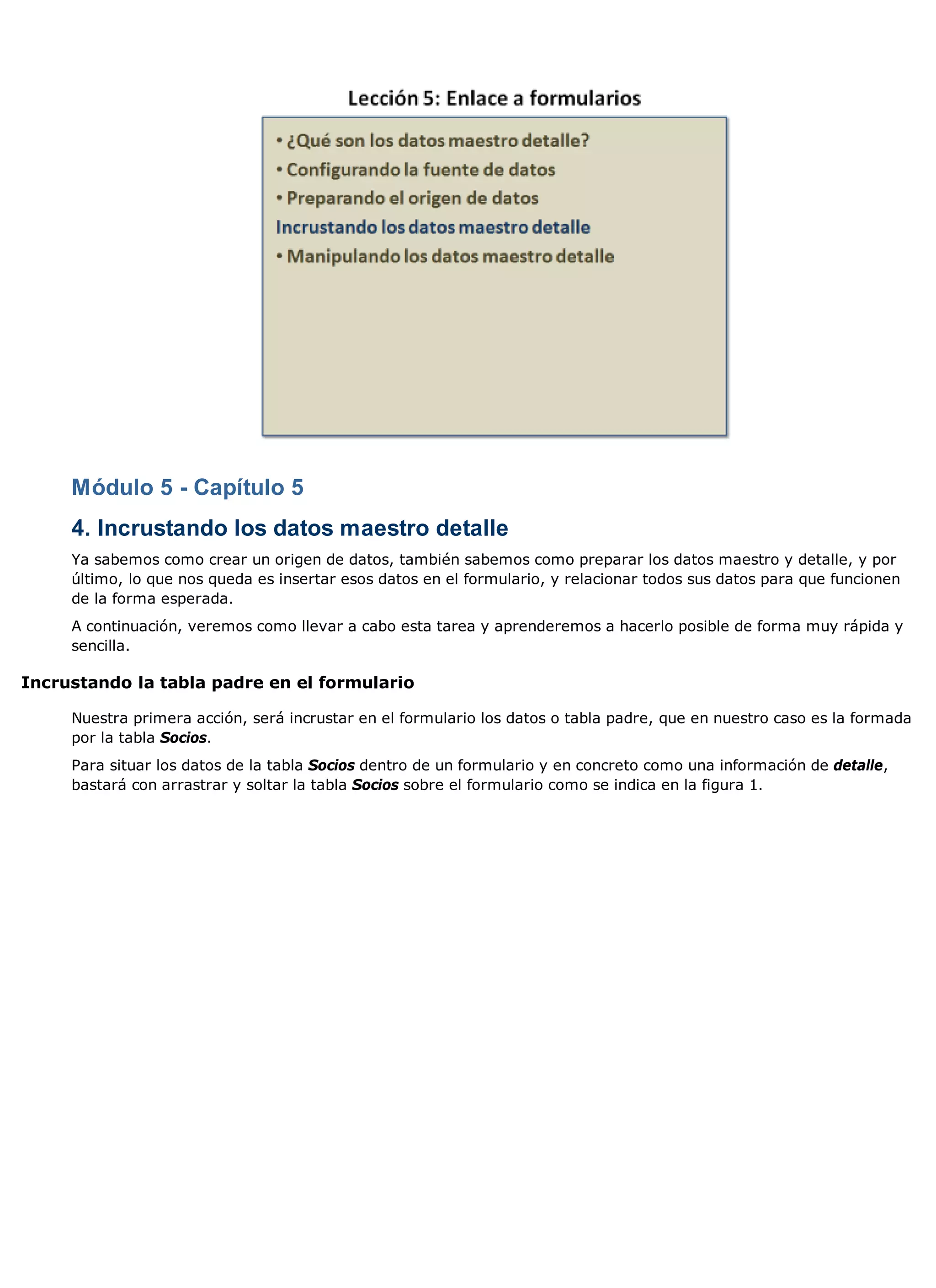 Módulo 5 - Capítulo 5
     4. Incrustando los datos maestro detalle
     Ya sabemos como crear un origen de datos, también sabemos como preparar los datos maestro y detalle, y por
     último, lo que nos queda es insertar esos datos en el formulario, y relacionar todos sus datos para que funcionen
     de la forma esperada.
     A continuación, veremos como llevar a cabo esta tarea y aprenderemos a hacerlo posible de forma muy rápida y
     sencilla.

Incrustando la tabla padre en el formulario

     Nuestra primera acción, será incrustar en el formulario los datos o tabla padre, que en nuestro caso es la formada
     por la tabla Socios.
     Para situar los datos de la tabla Socios dentro de un formulario y en concreto como una información de detalle,
     bastará con arrastrar y soltar la tabla Socios sobre el formulario como se indica en la figura 1.
 