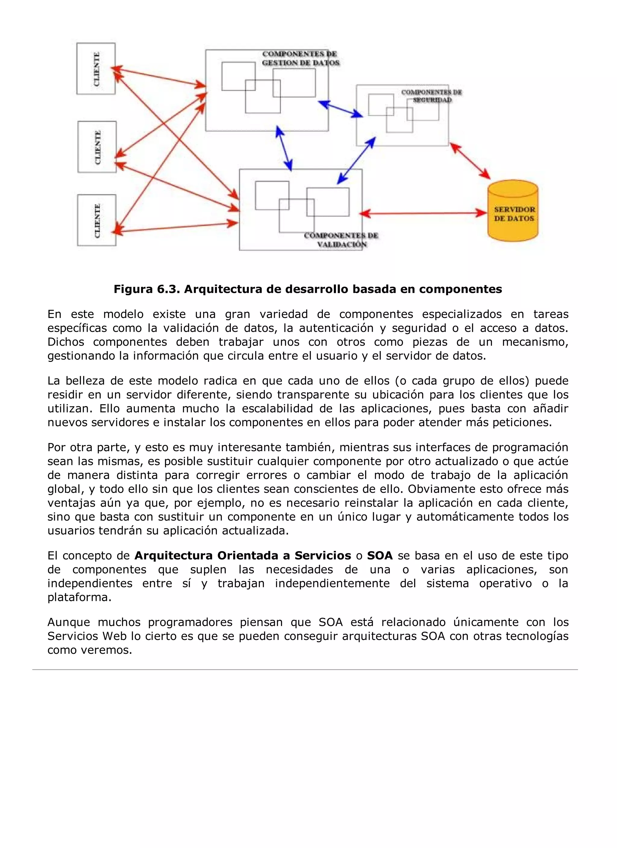 Figura 6.3. Arquitectura de desarrollo basada en componentes

En este modelo existe una gran variedad de componentes especializados en tareas
específicas como la validación de datos, la autenticación y seguridad o el acceso a datos.
Dichos componentes deben trabajar unos con otros como piezas de un mecanismo,
gestionando la información que circula entre el usuario y el servidor de datos.

La belleza de este modelo radica en que cada uno de ellos (o cada grupo de ellos) puede
residir en un servidor diferente, siendo transparente su ubicación para los clientes que los
utilizan. Ello aumenta mucho la escalabilidad de las aplicaciones, pues basta con añadir
nuevos servidores e instalar los componentes en ellos para poder atender más peticiones.

Por otra parte, y esto es muy interesante también, mientras sus interfaces de programación
sean las mismas, es posible sustituir cualquier componente por otro actualizado o que actúe
de manera distinta para corregir errores o cambiar el modo de trabajo de la aplicación
global, y todo ello sin que los clientes sean conscientes de ello. Obviamente esto ofrece más
ventajas aún ya que, por ejemplo, no es necesario reinstalar la aplicación en cada cliente,
sino que basta con sustituir un componente en un único lugar y automáticamente todos los
usuarios tendrán su aplicación actualizada.

El concepto de Arquitectura Orientada a Servicios o SOA se basa en el uso de este tipo
de componentes que suplen las necesidades de una o varias aplicaciones, son
independientes entre sí y trabajan independientemente del sistema operativo o la
plataforma.

Aunque muchos programadores piensan que SOA está relacionado únicamente con los
Servicios Web lo cierto es que se pueden conseguir arquitecturas SOA con otras tecnologías
como veremos.
 