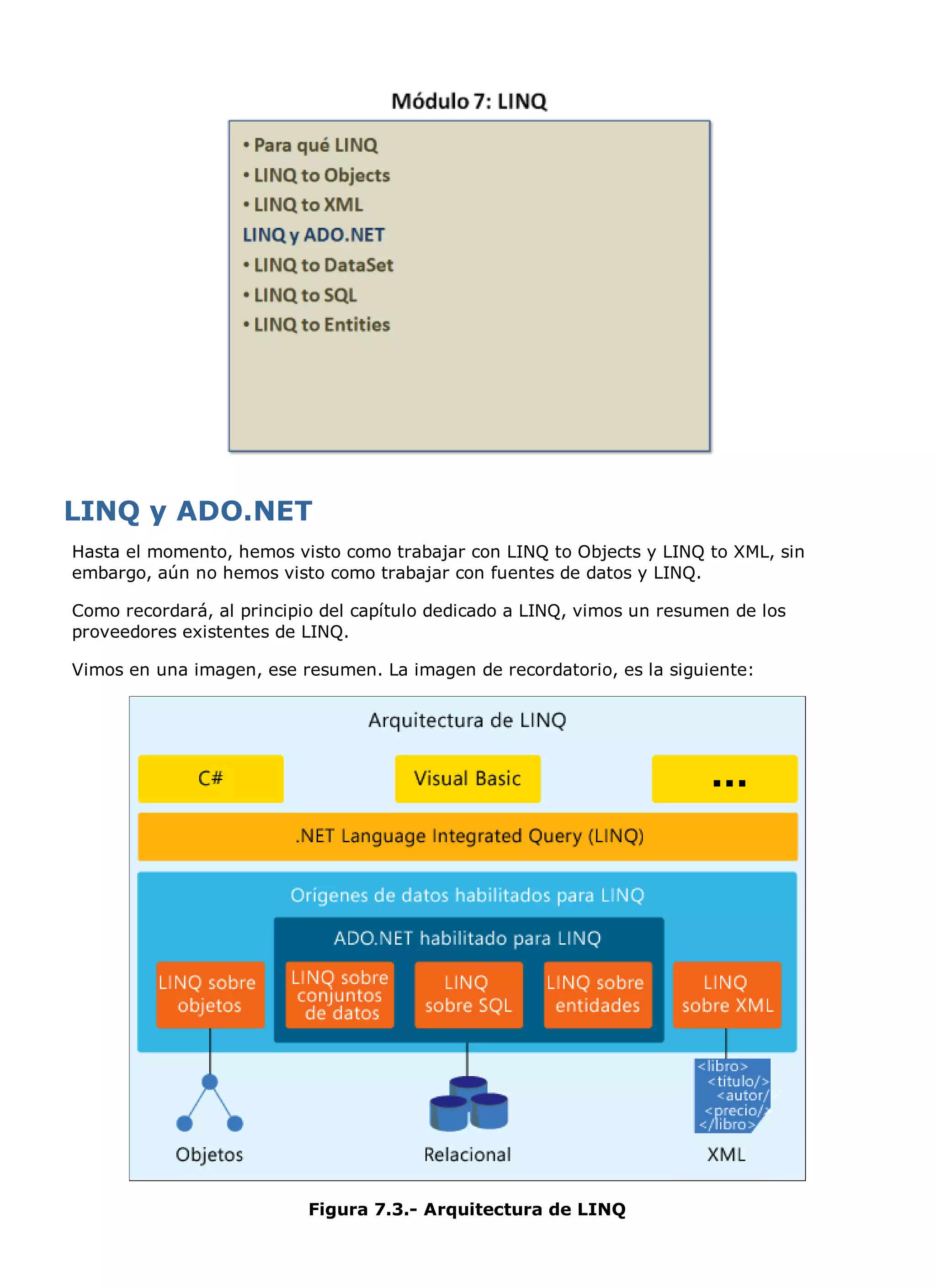Hasta el momento, hemos visto como trabajar con LINQ to Objects y LINQ to XML, sin
embargo, aún no hemos visto como trabajar con fuentes de datos y LINQ.

Como recordará, al principio del capítulo dedicado a LINQ, vimos un resumen de los
proveedores existentes de LINQ.

Vimos en una imagen, ese resumen. La imagen de recordatorio, es la siguiente:




                           Figura 7.3.- Arquitectura de LINQ
 