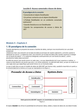 Módulo 5 - Capítulo 2
1. El paradigma de la conexión
Cuando abordamos un proyecto de acceso a fuentes de datos, siempre nos encontramos con una duda
existencial.
¿Debemos crear una conexión con la base de datos al principio de nuestra aplicación y cerrarla cuando la
aplicación se cierre?, ¿o debemos crear una conexión con la base de datos sólo cuando vayamos a trabajar
con la fuente de datos?. ¿Y si estamos trabajando continuamente con una fuente de datos?, ¿cómo
penalizarían todas estas acciones?.
Es difícil de asumir que acción tomar en cada caso, y es que dependiendo de lo que vayamos a realizar, a
veces es más efectiva una acción que otra, y en otras ocasiones, no está del todo claro, ya que no existe en sí
una regla clara que especifique qué acción tomar en un momento dado.
Lo que sí está claro es que el modelo de datos de ADO.NET que hemos visto, quedaría resumido en cuanto a
la conectividad de la manera en la que se representa en la figura 1.




                      Visión general de ADO.NET respecto a la conectividad con bases de datos
                                                     Figura 1


El objeto DataSet nos ofrece la posibilidad de almacenar datos, tablas y bases de datos de una determinada
 