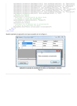 SqlCommand1.Parameters.Add("@Apellido1", Data.SqlDbType.NVarChar, 50, "Apellido1")
           SqlCommand1.Parameters.Add("@Apellido2", Data.SqlDbType.NVarChar, 50, "Apellido2")
           SqlCommand1.Parameters.Add("@Telefono", Data.SqlDbType.NVarChar, 13, "Telefono")
           SqlCommand1.Parameters.Add("@Email", Data.SqlDbType.NVarChar, 50, "Email")
           SqlCommand1.Parameters.Add("@Direccion", Data.SqlDbType.NVarChar, 100, "Direccion")
           SqlCommand1.Parameters.Add("@Ciudad", Data.SqlDbType.NVarChar, 50, "Ciudad")
           SqlCommand1.Parameters.Add("@Provincia", Data.SqlDbType.NVarChar, 50, "Provincia")
           SqlCommand1.Parameters.Add("@CP", Data.SqlDbType.NChar, 5, "CP")
           ' Abrimos la conexión
           SqlConnection1.Open()
           ' Realizamos la actualización de datos desde
           ' el DataSet a través del DataAdapter
           SqlDataAdapter1.Update(DataSet1, "Ejemplo")
           ' Cerramos la conexión
           SqlConnection1.Close()
           ' Indicamos con un mensaje que la actualización
           ' de datos se ha realizado con éxito
           MessageBox.Show("Datos actualizados correctamente")
       End If
    End Sub
 End Class

Nuestro ejemplo en ejecución es el que se puede ver en la figura 1.




                      Aplicación de ejemplo de actualización de datos con DataAdapter y DataSet
                                                      Figura 1
 