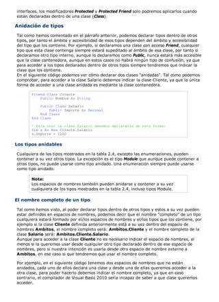 interfaces, los modificadores Protected y Protected Friend solo podremos aplicarlos cuando
están declaradas dentro de una clase (Class).

Anidación de tipos
Tal como hemos comentado en el párrafo anterior, podemos declarar tipos dentro de otros
tipos, por tanto el ámbito y accesibilidad de esos tipos dependen del ámbito y accesibilidad
del tipo que los contiene. Por ejemplo, si declaramos una clase con acceso Friend, cualquier
tipo que esta clase contenga siempre estará supeditado al ámbito de esa clase, por tanto si
declaramos otro tipo interno, aunque lo declaremos como Public, nunca estará más accesible
que la clase contenedora, aunque en estos casos no habrá ningún tipo de confusión, ya que
para acceder a los tipos declarados dentro de otros tipos siempre tendremos que indicar la
clase que los contiene.
En el siguiente código podemos ver cómo declarar dos clases "anidadas". Tal como podemos
comprobar, para acceder a la clase Salario debemos indicar la clase Cliente, ya que la única
forma de acceder a una clase anidada es mediante la clase contenedora.

       Friend Class Cliente
           Public Nombre As String

           Public Class Salario
               Public Importe As Decimal
           End Class
       End Class

       ' Para usar la clase Salario debemos declararla de esta forma:
       Dim s As New Cliente.Salario
       s.Importe = 2200


Los tipos anidables

Cualquiera de los tipos mostrados en la tabla 2.4, excepto las enumeraciones, pueden
contener a su vez otros tipos. La excepción es el tipo Module que aunque puede contener a
otros tipos, no puede usarse como tipo anidado. Una enumeración siempre puede usarse
como tipo anidado.

       Nota:
       Los espacios de nombres también pueden anidarse y contener a su vez
       cualquiera de los tipos mostrados en la tabla 2.4, incluso tipos Module.

El nombre completo de un tipo

Tal como hemos visto, al poder declarar tipos dentro de otros tipos y estos a su vez pueden
estar definidos en espacios de nombres, podemos decir que el nombre "completo" de un tipo
cualquiera estará formado por el/los espacios de nombres y el/los tipos que los contiene, por
ejemplo si la clase Cliente definida anteriormente está a su vez dentro del espacio de
nombres Ambitos, el nombre completo será: Ambitos.Cliente y el nombre completo de la
clase Salario será: Ambitos.Cliente.Salario.
Aunque para acceder a la clase Cliente no es necesario indicar el espacio de nombres, al
menos si la queremos usar desde cualquier otro tipo declarado dentro de ese espacio de
nombres, pero si nuestra intención es usarla desde otro espacio de nombre externo a
Ambitos, en ese caso si que tendremos que usar el nombre completo.

Por ejemplo, en el siguiente código tenemos dos espacios de nombres que no están
anidados, cada uno de ellos declara una clase y desde una de ellas queremos acceder a la
otra clase, para poder hacerlo debemos indicar el nombre completo, ya que en caso
contrario, el compilador de Visual Basic 2010 sería incapaz de saber a que clase queremos
acceder.
 