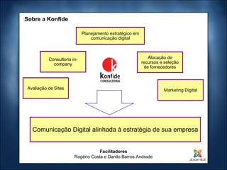 Facilitadores Rogério Costa e Danilo Barros Andrade Planejamento estratégico em comunicação digital Consultoria in-company Alocação de recursos e seleção de fornecedores Avaliação de Sites Marketing Digital Sobre a Konfide Comunicação Digital alinhada à estratégia de sua empresa 