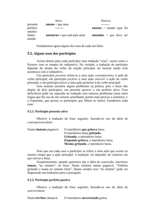 Ativo Passivo
presente amans = que ama --------
perfeito -------- amatus = amado (que foi
amado)
futuro amaturus = que está para amar amandus = que deve ser
amado
Estudaremos agora alguns dos usos de cada um deles.
5.2. Alguns usos dos particípios
Acima demos para cada particípio uma tradução “crua”, assim como o
fizemos com os tempos do subjuntivo. Na verdade, a tradução do particípio
depende do tempo do verbo da oração principal, do mesmo modo com
aconteceu com o subjuntivo.
Um particípio presente refere-se a uma ação contemporânea à ação do
verbo principal; um particípio perfeito a uma ação anterior à ação do verbo
principal; e um particípio futuro a uma ação posterior à do verbo principal.
Esse sistema encontra alguns problemas na prática, pois o latim não
dispõe de dois particípios, um presente passivo e um perfeito ativo. Essa
deficiência pode ser superada na tradução sem maiores problemas (uma outra
língua que faz uso de um sistema semelhante, porém mais preciso e simétrico, é
o Esperanto, que possui os particípios que faltam ao latim). Estudemos cada
caso.
5.2.1. Particípio presente ativo
Observe a tradução da frase seguinte, fazendo-se uso da idéia de
contemporaneidade:
Nauta clamans pugnavit. O marinheiro que gritava lutou.
O marinheiro lutou gritando.
Gritando, o marinheiro lutou.
Enquanto gritava, o marinheiro lutou.
Mesmo gritando, o marinheiro lutou.
Note que em cada caso o particípio se refere a uma ação que ocorre ao
mesmo tempo que a ação principal. A tradução vai depender do contexto em
que estiver a frase.
Freqüentemente, quando queremos dar a idéia de concessão, inserimos
tamen, “no entanto”, na frase: Nauta clamans tamen pugnavit. “Embora
gritando o nauta no entanto lutou”. Quase sempre esse “no entanto” pode ser
dispensado nas traduções para o português.
5.2.2. Particípio perfeito passivo
Observe a tradução da frase seguinte, fazendo-se uso da idéia de
anterioridade:
Nauta territus clamavit. O marinheiro aterrorizado gritou.
 