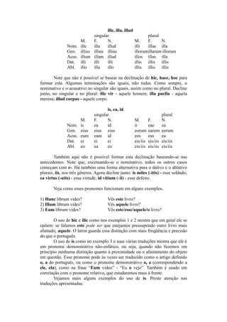 ille, illa, illud
singular plural
M. F. N. M. F. N.
Nom. ille illa illud illi illae illa
Gen. illius illius illius illorumillarum illorum
Acus. illum illam illud illos illas illa
Dat. illi illi illi illis illis illis
Abl. illo illa illo illis illis illis
Note que não é possível se basear na declinação de hic, haec, hoc para
formar esta. Algumas terminações são iguais, não todas. Como sempre, o
nominativo e o acusativo no singular são iguais, assim como no plural. Decline
junto, no singular e no plural: ille vir - aquele homem; illa puella - aquela
menina; illud corpus - aquele corpo.
is, ea, id
singular plural
M. F. N. M. F. N.
Nom. is ea id ii eae ea
Gen. eius eius eius eorum earum eorum
Acus. eum eam id eos eas ea
Dat. ei ei ei eis/iis eis/iis eis/iis
Abl. eo ea eo eis/iis eis/iis eis/iis
Também aqui não é possível formar esta declinação baseando-se nas
antecedentes. Note que, excetuando-se o nominativo, todos os outros casos
começam com e-. Há também uma forma alternativa para o dativo e o ablativo
plurais, iis, nos três gêneros. Agora decline junto: is miles (-itis) - esse soldado;
ea virtus (-utis) - essa virtude; id vitium (-ii) - esse defeito.
Veja como esses pronomes funcionam em alguns exemplos.
1) Hunc librum vides? Vês este livro?
2) Illum librum vides? Vês aquele livro?
3) Eum librum vides? Vês este/esse/aquele/o livro?
O uso de hic e ille como nos exemplos 1 e 2 mostra que em geral ele se
opõem: se falamos este pode ser que estejamos pressupondo outro livro mais
afastado, aquele. O latim guarda essa distinção com mais freqüência e precisão
do que o português.
O uso de is como no exemplo 3 e suas várias traduções mostra que ele é
um pronome demonstrativo não-enfático, ou seja, quando não fazemos em
princípio nenhuma distinção quanto à proximidade ou o afastamento do objeto
em questão. Esse pronome pode às vezes ser traduzido como o artigo definido
o, a do português, ou como o pronome demonstrativo o, a (correspondendo a
ele, ela), como na frase “Eum video” - “Eu o vejo”. Também é usado em
correlação com o pronome relativo, que estudaremos mais à frente.
Vejamos mais alguns exemplos do uso de is. Preste atenção nas
traduções apresentadas:
 