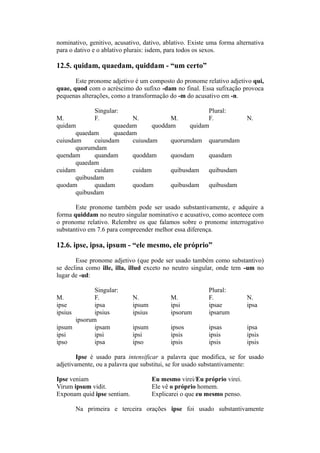 nominativo, genitivo, acusativo, dativo, ablativo. Existe uma forma alternativa
para o dativo e o ablativo plurais: isdem, para todos os sexos.
12.5. quidam, quaedam, quiddam - “um certo”
Este pronome adjetivo é um composto do pronome relativo adjetivo qui,
quae, quod com o acréscimo do sufixo -dam no final. Essa sufixação provoca
pequenas alterações, como a transformação do -m do acusativo em -n.
Singular: Plural:
M. F. N. M. F. N.
quidam quaedam quoddam quidam
quaedam quaedam
cuiusdam cuiusdam cuiusdam quorumdam quarumdam
quorumdam
quendam quandam quoddam quosdam quasdam
quaedam
cuidam cuidam cuidam quibusdam quibusdam
quibusdam
quodam quadam quodam quibusdam quibusdam
quibusdam
Este pronome também pode ser usado substantivamente, e adquire a
forma quiddam no neutro singular nominativo e acusativo, como acontece com
o pronome relativo. Relembre os que falamos sobre o pronome interrogativo
substantivo em 7.6 para compreender melhor essa diferença.
12.6. ipse, ipsa, ipsum - “ele mesmo, ele próprio”
Esse pronome adjetivo (que pode ser usado também como substantivo)
se declina como ille, illa, illud exceto no neutro singular, onde tem -um no
lugar de -ud:
Singular: Plural:
M. F. N. M. F. N.
ipse ipsa ipsum ipsi ipsae ipsa
ipsius ipsius ipsius ipsorum ipsarum
ipsorum
ipsum ipsam ipsum ipsos ipsas ipsa
ipsi ipsi ipsi ipsis ipsis ipsis
ipso ipsa ipso ipsis ipsis ipsis
Ipse é usado para intensificar a palavra que modifica, se for usado
adjetivamente, ou a palavra que substitui, se for usado substantivamente:
Ipse veniam Eu mesmo virei/Eu próprio virei.
Virum ipsum vidit. Ele vê o próprio homem.
Exponam quid ipse sentiam. Explicarei o que eu mesmo penso.
Na primeira e terceira orações ipse foi usado substantivamente
 