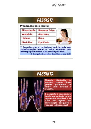 08/10/2012
24
Preparação para tarefa:
Alimentação Repouso físico
Vestuário Adereços
Higiene Sexo
Disciplina Equilíbrio
“ Reconhece-se o verdadeiro espírita pela sua
transformação moral e pelos esforços que
emprega para domar suas inclinações más”
O Evangelho Segundo o Espiritismo., cap XVII
Elevado dispêndio de
energia, porque libera
grande quantidade de
fluido vital durante o
trabalho.
Elevado dispêndio de
energia, porque libera
grande quantidade de
fluido vital durante o
trabalho.
O desgaste é recuperado,
desde que se trate de um
organismo saudável e se
cuide em ingerir uma
alimentação adequada e
repouso indispensável.
O desgaste é recuperado,
desde que se trate de um
organismo saudável e se
cuide em ingerir uma
alimentação adequada e
repouso indispensável.
 
