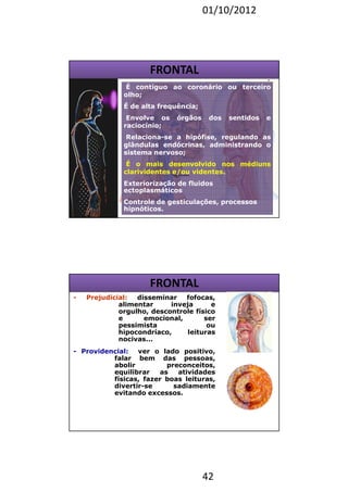 01/10/2012 
42 
FRONTAL 
É contíguo ao coronário ou terceiro 
olho; 
É de alta frequência; 
Envolve os órgãos dos sentidos e 
raciocínio; 
Relaciona-se a hipófise, regulando as 
glândulas endócrinas, administrando o 
sistema nervoso; 
É o mais desenvolvido nos médiuns 
clarividentes e/ou videntes. 
Exteriorização de fluidos 
ectoplasmáticos 
Controle de gesticulações, processos 
hipnóticos. 
FRONTAL 
- Prejudicial: disseminar fofocas, 
alimentar inveja e 
orgulho, descontrole físico 
e emocional, ser 
pessimista ou 
hipocondríaco, leituras 
nocivas... 
- Providencial: ver o lado positivo, 
falar bem das pessoas, 
abolir preconceitos, 
equilibrar as atividades 
físicas, fazer boas leituras, 
divertir-se sadiamente 
evitando excessos. 
 