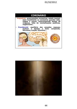 01/10/2012 
CORONÁRIO 
- Prejudicial: preocupações excessivas, estafa mental; 
sono insuficiente ou excessivo; guardar ódio, 
mágoa e rancor; autocompaixão desejo de 
vingança, falta de mentalizações positivas, 
negativismo.. 
- Providencial: equilíbrio das emoções repouso; 
praticar e desejar o bem; compaixão, 
altruísmo; oração; otimismo... 
44 
88 
 