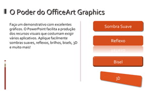 O Poder do OfficeArt Graphics Faça um demonstrativo com excelentes gráficos. O PowerPoint facilita a produção dos recursos visuais que costumam exigir vários aplicativos. Aplique facilmente sombras suaves, reflexos, brilhos, bisels, 3D e muito mais! Sombra Suave Bisel 