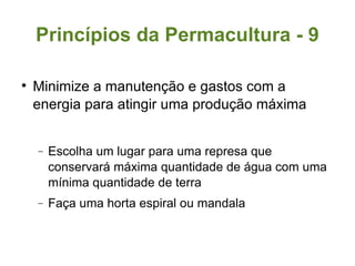 Princípios da Permacultura - 9 Minimize a manutenção e gastos com a energia para atingir uma produção máxima Escolha um lugar para uma represa que conservará máxima quantidade de água com uma mínima quantidade de terra Faça uma horta espiral ou mandala 