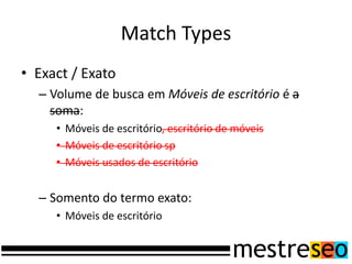 Match Types
• Exact / Exato
– Volume de busca em Móveis de escritório é a
soma:
• Móveis de escritório, escritório de móveis
• Móveis de escritório sp
• Móveis usados de escritório
– Somento do termo exato:
• Móveis de escritório
 