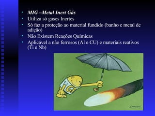 MIG –Metal Inert Gás Utiliza só gases Inertes Só faz a proteção ao material fundido (banho e metal de adição) Não Existem Reações Químicas Aplicável a não ferrosos (Al e CU) e materiais reativos (Ti e Nb) 