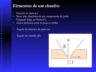 Elementos de um chanfro Encosto ou nariz (s)  Parte  não chanfrada de um componente da junta Garganta folga ou fresta (f )  menor distancia entre as peças a soldar  Ângulo de abertura da junta ( α )  Ângulo do chanfro ( β )   