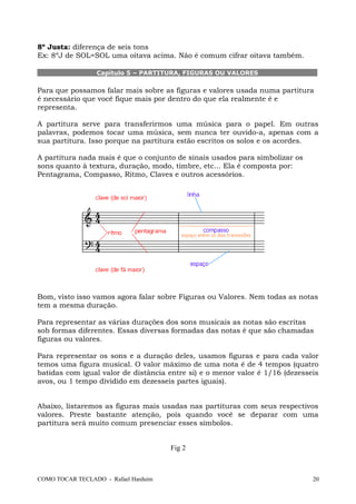 8º Justa: diferença de seis tons
Ex: 8ºJ de SOL=SOL uma oitava acima. Não é comum cifrar oitava também.
Capítulo 5 – PARTITURA, FIGURAS OU VALORES
Para que possamos falar mais sobre as figuras e valores usada numa partitura
é necessário que você fique mais por dentro do que ela realmente é e
representa.
A partitura serve para transferirmos uma música para o papel. Em outras
palavras, podemos tocar uma música, sem nunca ter ouvido-a, apenas com a
sua partitura. Isso porque na partitura estão escritos os solos e os acordes.
A partitura nada mais é que o conjunto de sinais usados para simbolizar os
sons quanto à textura, duração, modo, timbre, etc... Ela é composta por:
Pentagrama, Compasso, Ritmo, Claves e outros acessórios.
Bom, visto isso vamos agora falar sobre Figuras ou Valores. Nem todas as notas
tem a mesma duração.
Para representar as várias durações dos sons musicais as notas são escritas
sob formas diferentes. Essas diversas formadas das notas é que são chamadas
figuras ou valores.
Para representar os sons e a duração deles, usamos figuras e para cada valor
temos uma figura musical. O valor máximo de uma nota é de 4 tempos (quatro
batidas com igual valor de distância entre si) e o menor valor é 1/16 (dezesseis
avos, ou 1 tempo dividido em dezesseis partes iguais).
Abaixo, listaremos as figuras mais usadas nas partituras com seus respectivos
valores. Preste bastante atenção, pois quando você se deparar com uma
partitura será muito comum presenciar esses símbolos.
Fig 2
COMO TOCAR TECLADO - Rafael Harduim 20
 