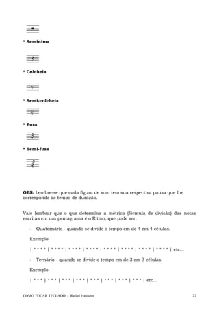 * Semínima
* Colcheia
* Semi-colcheia
* Fusa
* Semi-fusa
OBS: Lembre-se que cada figura de som tem sua respectiva pausa que lhe
corresponde ao tempo de duração.
Vale lembrar que o que determina a métrica (fórmula de divisão) das notas
escritas em um pentagrama é o Ritmo, que pode ser:
- Quaternário - quando se divide o tempo em de 4 em 4 células.
Exemplo:
| * * * * | * * * * | * * * * | * * * * | * * * * | * * * * | * * * * | * * * * | etc...
- Ternário - quando se divide o tempo em de 3 em 3 células.
Exemplo:
| * * * | * * * | * * * | * * * | * * * | * * * | * * * | * * * | etc...
COMO TOCAR TECLADO - Rafael Harduim 22
 