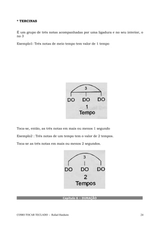 * TERCINAS
É um grupo de três notas acompanhadas por uma ligadura e no seu interior, o
no 3
Exemplo1: Três notas de meio tempo tem valor de 1 tempo
Toca-se, então, as três notas em mais ou menos 1 segundo
Exemplo2 : Três notas de um tempo tem o valor de 2 tempos.
Toca-se as três notas em mais ou menos 2 segundos.
Capítulo 6 – DURAÇÃO
COMO TOCAR TECLADO - Rafael Harduim 24
 