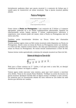 Inicialmente podemos dizer que pauta musical é o conjunto de linhas que é
usado para se transcrever as notas musicais. Veja a pauta musical padrão
abaixo.
Como vimos a Pauta ou Pentagrama é um conjunto de 5 linhas e 4 espaços
agrupadas, podendo vir a ter linhas suplementares adicionadas. Embora na
representação acima hajam apenas 5 linhas suplementares inferiores e
superiores, esse número pode ser maior, visto a Pauta ou Pentagrama não ter
inicio nem fim.
Também serão encontradas divisões na Pauta. Estes são chamados
Compassos.
Vamos analisar agora como as Sete notas musicais estão dispostas na Pauta ou
Pentagrama. Atente como no inicio da Pauta ou Pentagrama existe um símbolo,
é a Clave de Sol, existem outras Claves, são elas que determinam a posição das
notas na Pauta ou Pentagrama. No nosso estudo analisaremos a Clave de Sol.
Vamos iniciar então aprendendo o sistema de notação musical na Clave de Sol.
Note que a Clave começa na 2 º Linha, é ali que está a nota Sol, se desejar
continuar as notas é só seguir a ordem.
Vamos agora então executar uma música, para que você comece a exercitar
seus dedos. Trata-se da canção Nona Sinfonia. Verifique as notas da musica na
pauta musical. Qualquer duvida olhe na figura acima e verifique a nota correta.
Os números que se encontrarão abaixo da nota referem-se aos dedos da mão
direita que deverão ser usados.
COMO TOCAR TECLADO - Rafael Harduim 32
 