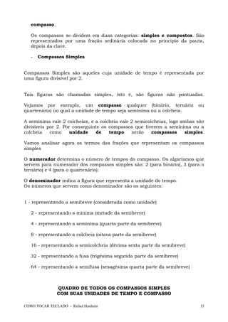 compasso.
Os compassos se dividem em duas categorias: simples e compostos. São
representados por uma fração ordinária colocada no princípio da pauta,
depois da clave.
- Compassos Simples
Compassos Simples são aqueles cuja unidade de tempo é representada por
uma figura divisível por 2.
Tais figuras são chamadas simples, isto é, são figuras não pontuadas.
Vejamos por exemplo, um compasso qualquer (binário, ternário ou
quartenário) no qual a unidade de tempo seja semínima ou a colcheia.
A semínima vale 2 colcheias, e a colcheia vale 2 semicolcheias, logo ambas são
divisíveis por 2. Por conseguinte os compassos que tiverem a semínima ou a
colcheia como unidade de tempo serão compassos simples.
Vamos analisar agora os termos das frações que representam os compassos
simples
O numerador determina o número de tempos do compasso. Os algarismos que
servem para numerador dos compassos simples são: 2 (para binário), 3 (para o
ternário) e 4 (para o quartenário).
O denominador indica a figura que representa a unidade do tempo.
Os números que servem como denominador são os seguintes:
1 - representando a semibreve (considerada como unidade)
2 - representando a mínima (metade da semibreve)
4 - representando a semínima (quarta parte da semibreve)
8 - representando a colcheia (oitava parte da semibreve)
16 - representando a semicolcheia (décima sexta parte da semibreve)
32 - representando a fusa (trigésima segunda parte da semibreve)
64 - representando a semifusa (sexagésima quarta parte da semibreve)
QUADRO DE TODOS OS COMPASSOS SIMPLES
COM SUAS UNIDADES DE TEMPO E COMPASSO
COMO TOCAR TECLADO - Rafael Harduim 35
 