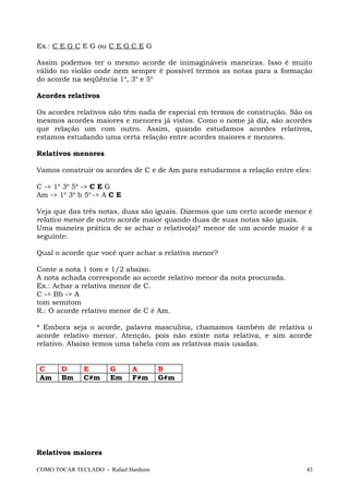 Ex.: C E G C E G ou C E G C E G
Assim podemos ter o mesmo acorde de inimagináveis maneiras. Isso é muito
válido no violão onde nem sempre é possível termos as notas para a formação
do acorde na seqüência 1a
, 3a
e 5a.
Acordes relativos
Os acordes relativos não têm nada de especial em termos de construção. São os
mesmos acordes maiores e menores já vistos. Como o nome já diz, são acordes
que relação um com outro. Assim, quando estudamos acordes relativos,
estamos estudando uma certa relação entre acordes maiores e menores.
Relativos menores
Vamos construir os acordes de C e de Am para estudarmos a relação entre eles:
C -> 1a
3a
5a
-> C E G
Am -> 1a
3a
b 5a
-> A C E
Veja que das três notas, duas são iguais. Dizemos que um certo acorde menor é
relativo menor de outro acorde maior quando duas de suas notas são iguais.
Uma maneira prática de se achar o relativo(a)* menor de um acorde maior é a
seguinte:
Qual o acorde que você quer achar a relativa menor?
Conte a nota 1 tom e 1/2 abaixo.
A nota achada corresponde ao acorde relativo menor da nota procurada.
Ex.: Achar a relativa menor de C.
C -> Bb -> A
tom semitom
R.: O acorde relativo menor de C é Am.
* Embora seja o acorde, palavra masculina, chamamos também de relativa o
acorde relativo menor. Atenção, pois não existe nota relativa, e sim acorde
relativo. Abaixo temos uma tabela com as relativas mais usadas.
C D E G A B
Am Bm C#m Em F#m G#m
Relativos maiores
COMO TOCAR TECLADO - Rafael Harduim 43
 