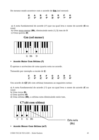 Do mesmo modo acontece com o acorde de Gm (sol menor):
G A B C D E F G
1a
2a
3a
4a
5a
6a
7a
8a
a) A nota fundamental do acorde (1a
) que na qual leva o nome do acorde (G no
caso)
b) Uma terça menor (Bb), diminuindo meio (1/2) tom de B
c) Uma quinta (D)
Gm (sol menor)
G Bb D
 Acorde Maior Com Sétima (7)
É apenas o acréscimo de uma quarta nota no acorde.
Tomando por exemplo a escala de C:
C D E F G A B C
1a
2a
3a
4a
5a
6a
7a
8a
Um acorde de C7 (dó com sétima) tomamos as seguintes notas:
a) A nota fundamental do acorde (1a
) que na qual leva o nome do acorde (C no
caso)
b) Uma terça (E),
c) Uma quinta (G)
d) Uma sétima (Bb), a sétima nota diminuindo meio tom.
C7 (dó com sétima)
C E G Bb
 Acorde Menor Com Sétima (m7)
COMO TOCAR TECLADO - Rafael Harduim 49
Esta nota
(Bb)
 