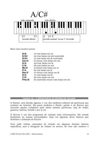 A/C#mão esquerda mão direita
C# C# A C# E
Acorde aberto Acorde normal ou na 1a
inversão
Bem como muitos outros:
D/E ré com baixo em mi
E/G# mi com baixo em sol sustenido
D/F# ré com baixo em fá sustenido
Am/G lá menor com baixo em sol
G/A sol com baixo em lá
C/G dó com baixo em sol
Bb/D si bemol com baixo em ré
F/A fá com baixo em lá
Dm/F ré menor com baixo em fá
D/A ré com baixo em lá
C/G dó com baixo em sol
F#m/E fá sustenido menor com baixo em mi
Capítulo 18 – A IMPORTÂNCIA DO ENCORE NO TECLADO
O Encore, sem dúvida alguma, é um dos melhores editores de partituras que
conheço na Internet. Há quem preferira o Finale, porém é no Encore que
encontro opções completas para editar minhas partituras, seja de violão,
guitarra, bateria, teclado e por aí vai.
O Encore é um dos programas de notação mais interessantes. Ele atende
facilmente às nossas necessidades; Aqui vai algumas dicas básicas que
facilitam a utilização do Encore.
Você pode utilizar comandos de teclado em algumas funções básicas
específicas, sem a obrigação de utilizar os menus. Se você não conhece o
COMO TOCAR TECLADO - Rafael Harduim 54
 