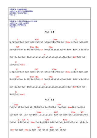 COMO TOCAR TECLADO - Rafael Harduim 83
MÚSICA 12: ROMARIA
ARTISTA: RENATO TEIXEIRA
GÊNERO: SERTANEJO
TOM: F
PARTE 1
F Dm F Dm F
Fa Sol | La Sol Fa | Fa Re | Fa Sol | La Sol Fa | Fa Re | Fa Sol | La Re Do La Sol Fa |
Dm Em Dm Go F Gm
Fa Re Fa Re Fa Re | Sol La | A Re Mi | Fa Mi Re | Sol Fa Sol | La Sol Fa | Sol Fa Mi |
Dm A7 Dm
| Fa Mi Re | Mi Re Do# | Re ||
PARTE 2
Gm C7 F A Dm
D7 Sol La | La# La# La Sol Sol Fa | Mi Do | Re Do La# | La La# La Sol | Fa Re | Sol
Gm C7 F
La | La# La# La Sol Sol Mi | Mi Mi Mi Mi Fa Sol | La La ||
Gm C7 F A Dm
D7 Sol La | La# La# La Sol Sol Fa | Mi Do | Re Do La# | La La# La Sol | Fa Re | Sol
Gm C7 F
La | La# La# La Sol Sol Mi | Mi Mi Mi Mi Fa Sol Fa Fa
MÚSICA 13: ÚLTIMO ROMÂNTICO
ARTISTA: LULU SANTOS
GÊNERO: POP/ROCK
TOM: E
PARTE 1
E G#7 C#m E
Si Si | Sol# Sol# Sol# Sol# | Fa# Fa# Fa# Sol# | Fa# Mi Do# | G#m Si | Sol# Sol# Sol#
G#7 C#m Bm F#m
Sol# | Fa# Sol# La Si | Sol# | Mi | E7 Do# | La La La La | Sol# Sol# | Sol# La Sol# Fa#
D
Do# | La Fa# Fa# | Do# La La La La | La La La La | La La Sol# Fa# | G#7 Sol# Fa# |
E
Sol# | Mi || Am E
E G#7 C#m E
Si Si | Sol# Sol# Sol# Sol# | Fa# Fa# Fa# Sol# | Fa# Mi Do# | G#m Si | Sol# Sol# Sol#
G#7 C#m Bm F#m
Sol# | Fa# Sol# La Si | Sol# | Mi | E7 Do# | La La La La | Sol# Sol# | Sol# La Sol# Fa#
D
Do# | La Fa# Fa# | Do# La La La La | La La La La | La La Sol# Fa# | G#7 Sol# Fa# |
E
Sol# | Mi || Am E
PARTE 2
C#m F#7
Fa# | Mi Mi Fa# Sol# Mi | Mi Mi Do# Re# Mi Re# | Do# Sol# | F#m Do# Do# Re#
G#m G#7 F#m B7
Do# Sol# Fa# | Do# Re# Do# | La La La La Si | Sol# Fa# Sol# Fa# | La Sol# | Fa# Mi
E G# A G#7 C#m
Fa# Mi | Sol# Fa# Mi | F#m Do# Re# | Do# Sol# Fa# Fa# | Sol# Fa# Mi Mi | Mi Fa Fa
B7 G#7 A
| C#7 Fa# Sol# | F#m La Sol# | Fa# Fa# Mi | Sol# Fa# | Mi Fa#
 