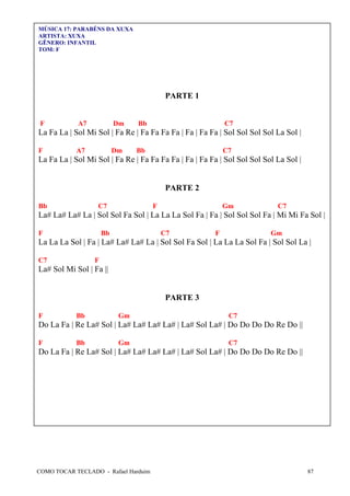 COMO TOCAR TECLADO - Rafael Harduim 87
MÚSICA 17: PARABÉNS DA XUXA
ARTISTA: XUXA
GÊNERO: INFANTIL
TOM: F
PARTE 1
F A7 Dm Bb C7
La Fa La | Sol Mi Sol | Fa Re | Fa Fa Fa Fa | Fa | Fa Fa | Sol Sol Sol Sol La Sol |
F A7 Dm Bb C7
La Fa La | Sol Mi Sol | Fa Re | Fa Fa Fa Fa | Fa | Fa Fa | Sol Sol Sol Sol La Sol |
PARTE 2
Bb C7 F Gm C7
La# La# La# La | Sol Sol Fa Sol | La La La Sol Fa | Fa | Sol Sol Sol Fa | Mi Mi Fa Sol |
F Bb C7 F Gm
La La La Sol | Fa | La# La# La# La | Sol Sol Fa Sol | La La La Sol Fa | Sol Sol La |
C7 F
La# Sol Mi Sol | Fa ||
PARTE 3
F Bb Gm C7
Do La Fa | Re La# Sol | La# La# La# La# | La# Sol La# | Do Do Do Do Re Do ||
F Bb Gm C7
Do La Fa | Re La# Sol | La# La# La# La# | La# Sol La# | Do Do Do Do Re Do ||
 