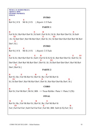 COMO TOCAR TECLADO - Rafael Harduim 93
MÚSICA 23: RÁDIO PIRATA
ARTISTA: RPM
GÊNERO: POP/ROCK
TOM: B
INTRO
B E
Re# Si || 8 X Mi Si || 8 X { Repetir 3 X Tudo
PARTE 1
B E B E
Fa# Si Si | Re# Re# Do# Si | Si Sol# | Fa# Si Si | Si Si | Re# Re# Do# Si | Si Sol#
F# E F#
| Si | Si Do# Do# | Re# Mi Re# Do# | Do# Si | Si | Si Do# Do# Do# Do# Re# Mi Re#
E
Do# | Si ||
INTRO
B E
Re# Si || 8 X Mi Si || 8 X { Repetir 2 X Tudo
B E B E F#
Fa# Si Si | Re# Re# Do# Si | Sol# | Fa# Si Si Si Si Si | Re# Re# Do# Si | Sol# Si | Si
E F#
Do# Do# | Do# Re# Mi Re# Do# | Do# Si | Si | Si Do# Do# Do# Do# | Re# Mi Re#
E
Do# | Do# Si ||
PARTE 2
B E B E
Re# Si | Re | Fa# Mi Re# Si | Re# Si | Re | Fa# Mi Re# Si
F# E B
Si | Si Do# Do# | Re# Mi Re# Do# | Do# Si | Re# Re# Do# Re Do# | Si ||
CORO
B E
Re# Si | Fa# Mi Re# | Mi Si | BIS => Tocar Refrão / Parte 1 / Parte 2 (2X)
FINAL
B E B E
Re# Si | Re | Fa# Mi Re# Si | Re# Si | Re | Fa# Mi Re# Si
F# E B
Fa# | Fa# Fa# Fa# | Sol# Fa# Fa# Fa# | Fa# Mi | BIS Sol# (6 X) Fa# | Si ||
 