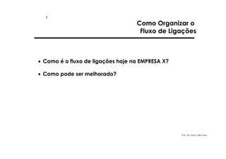 5

Como Organizar o
Fluxo de Ligações

• Como é o fluxo de ligações hoje na EMPRESA X?
• Como pode ser melhorado?

Prof. Ms. Marco Bechara

 