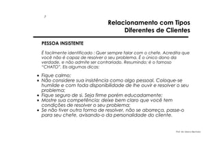 7

Relacionamento com Tipos
Diferentes de Clientes

PESSOA INSISTENTE
É facilmente identificado : Quer sempre falar com o chefe. Acredita que
você não é capaz de resolver o seu problema. É o único dono da
verdade, e não admite ser contrariado. Resumindo: é o famoso
“CHATO”. Eis algumas dicas:

• Fique calmo;
• Não considere sua insistência como algo pessoal. Coloque-se
humilde e com toda disponibilidade de lhe ouvir e resolver o seu
problema;
• Fique seguro de si. Seja firme porém educadamente;
• Mostre sua competência; deixe bem claro que você tem
condições de resolver o seu problema;
• Se não tiver outra forma de resolver, não se aborreça, passe-o
para seu chefe, avisando-o da personalidade do cliente.

Prof. Ms. Marco Bechara

 