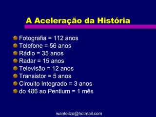 A Aceleração da História Fotografia = 112 anos Telefone = 56 anos Rádio = 35 anos Radar = 15 anos Televisão = 12 anos Transistor = 5 anos Circuito Integrado = 3 anos do 486 ao Pentium = 1 mês [email_address] 