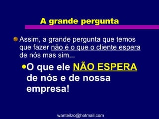 A grande pergunta Assim, a grande pergunta que temos que fazer  não é o que o cliente espera  de nós mas sim... O que ele  NÃO ESPERA  de nós e de nossa empresa! [email_address] 