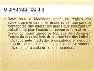Deve pois, o Mediador, criar um registo das evidências e encaminhar essas evidências para os formadores das diferentes áreas que realizam um trabalho de planificação do percurso formativo do formando, organizando os Núcleos Geradores em função da necessidade de formação e dos indícios indicados pelo mediador e discutidos em equipa, criando assim, um plano de desenvolvimento individual para cada um dos formandos. 